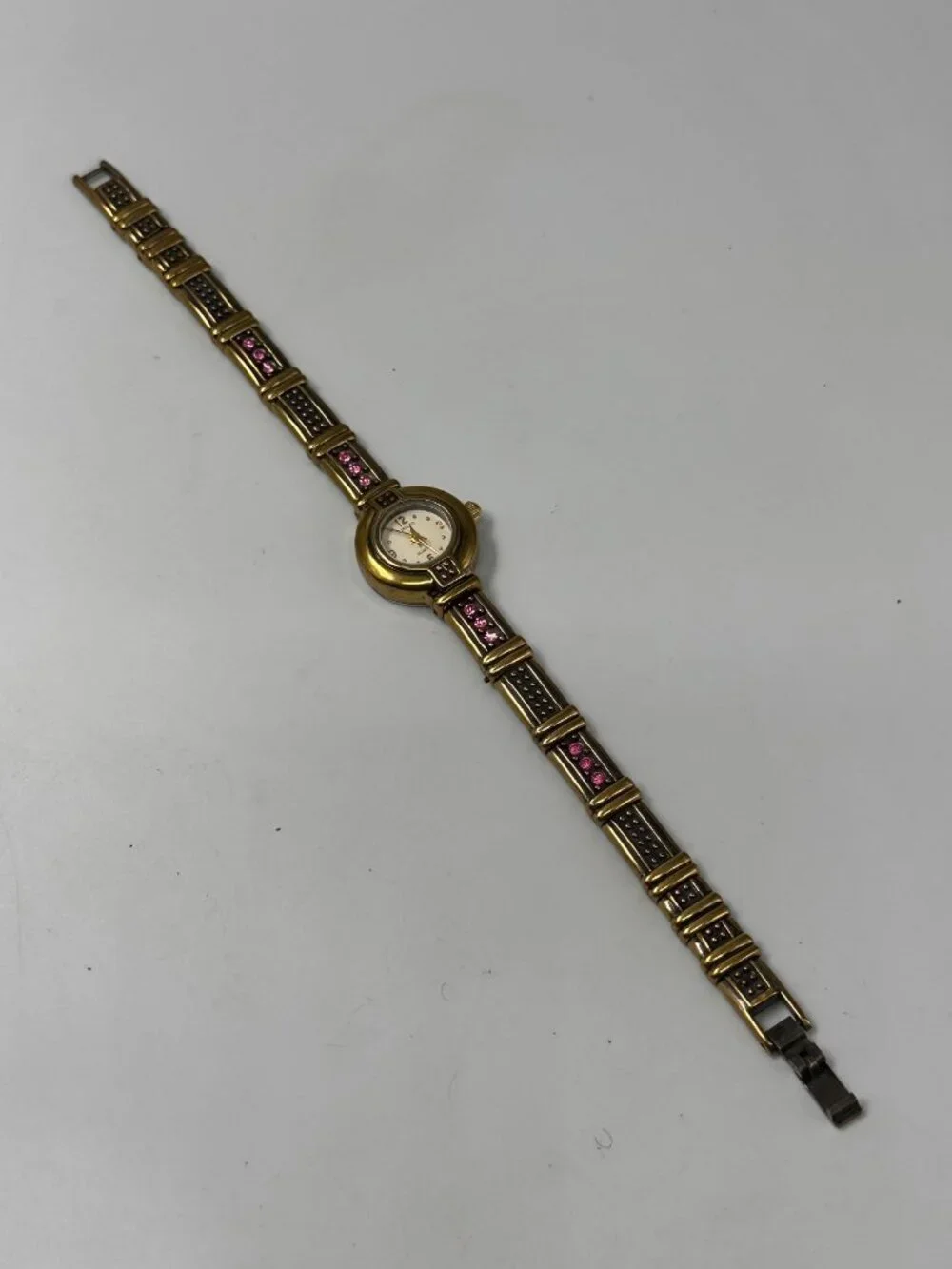 Adolfo Watch Women Gold Tone Pink Rhinestone Accents Small Dial New Battery 7.5